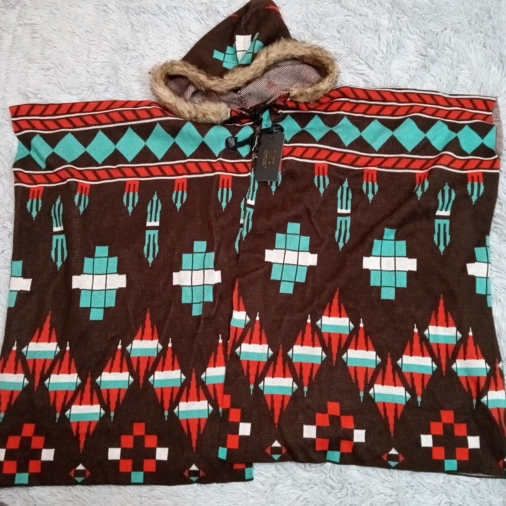 Lucky & Blessed Womens Poncho Ya Ya Gurlz Brown M Aztec Southwestern Hooded New